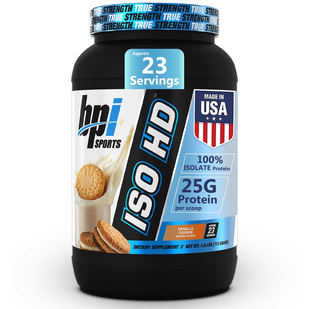 BPI Sports ISO HD Isolere Protein Powder - 100% Whey Isolate, Protein Powder for Muscle Gain - Vanilla Cookie - 1.6 Lb - 23 Servere