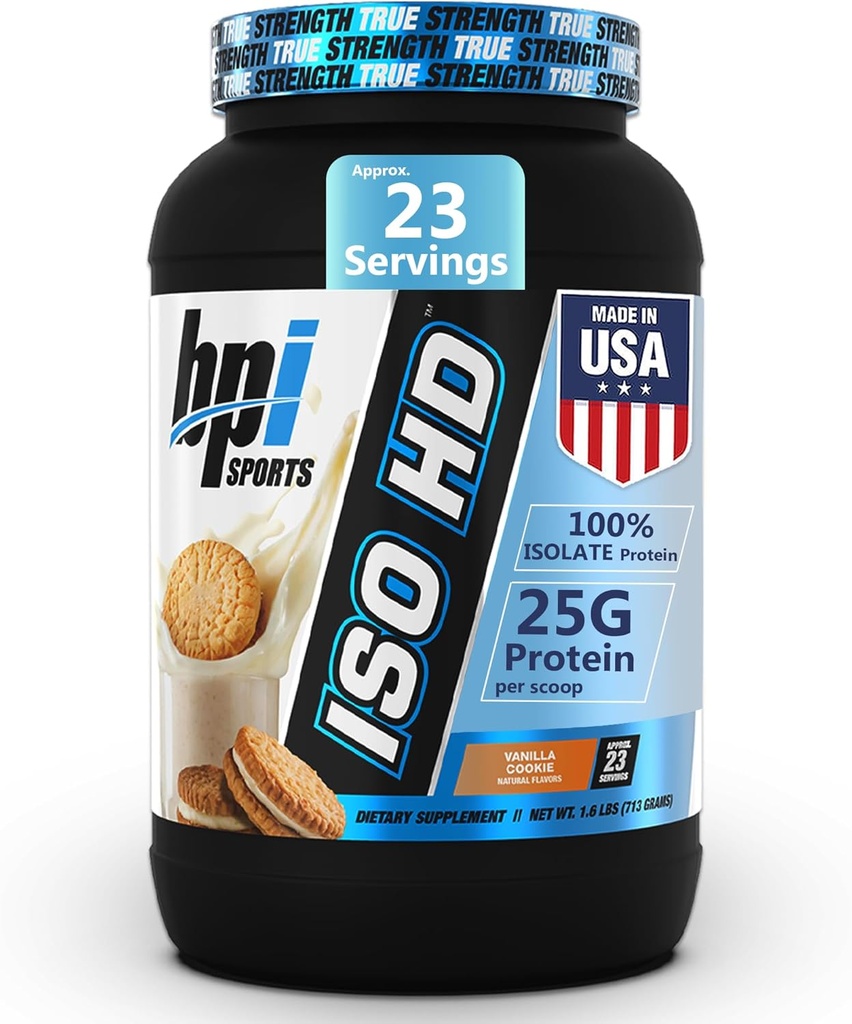 BPI Sports ISO HD Isolere Protein Powder - 100% Whey Isolate, Protein Powder for Muscle Gain - Vanilla Cookie - 1.6 Lb - 23 Servere