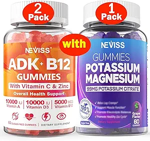 NEVISS 2Pack Vitamin ADK med B12 + 1Pack Kalium Magnesium Gummier