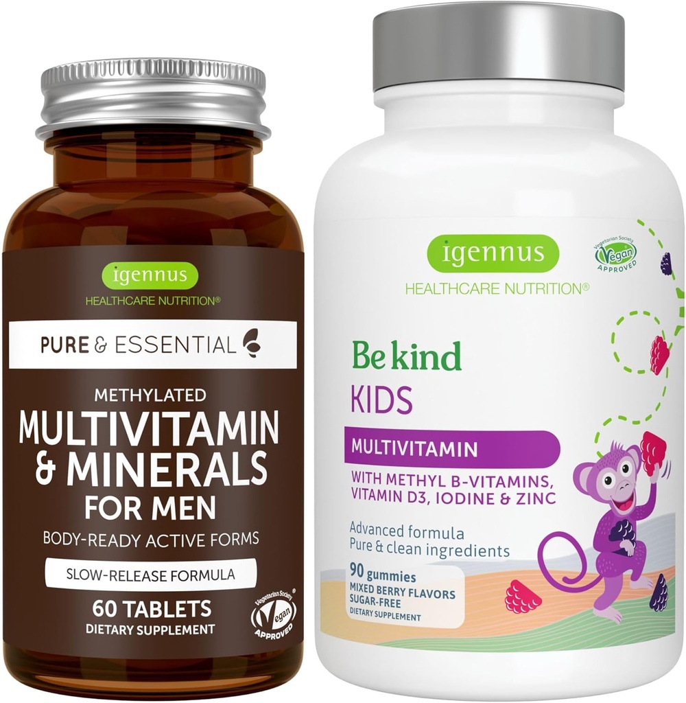 Multivitamin & mineraler til mænd + Avancerede Kids Multivitamin Gummy Vegan Bundle, med Methylerede B- vitaminer, vitamin A, C, D3 & E, Clean Label, 60 tabletter + 90 Berry Flavor Gummies, af Igennus
