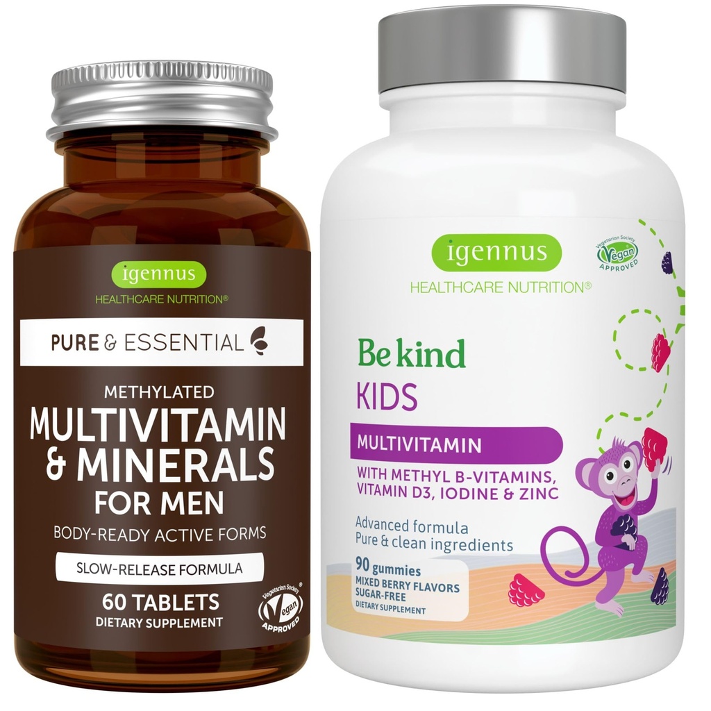 Multivitamin & mineraler til mænd + Avancerede Kids Multivitamin Gummy Vegan Bundle, med Methylerede B- vitaminer, vitamin A, C, D3 & E, Clean Label, 60 tabletter + 90 Berry Flavor Gummies, af Igennus