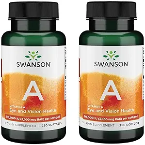 Swanson vitamin A 10.000 IE (3.000 mcg RAE) Natural Nourisation for Bone, Skin Health, Vision Support & Immunsystem Funktion - High Absorption Vitamin A 250 Softgels (2 Pack)