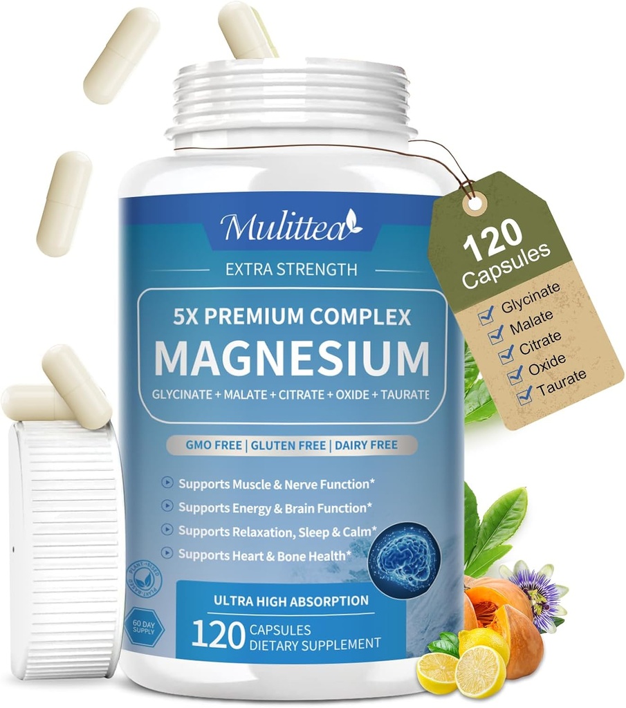 Magnesium Complex Chelated Magnesium Glycinate w / Malat, Taurate & Herbal Extracts for Support Sleep, Muscle, Cortisol & Heart Health, Gluten Free, Vegan, Non GMO, High Absorption, 120 Kapsler