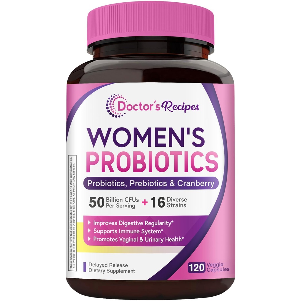 Doctor 's Opskrifter Kvinder Probiotiske, 120 Caps 50 Millioner CFU 16 Strops, med Organic Cranberry, Diguestive Immunovinal & Urinary Sundhed, Hylde Stabil, Forsinket Udgivelse, Ingen Soy Gluten Dairy