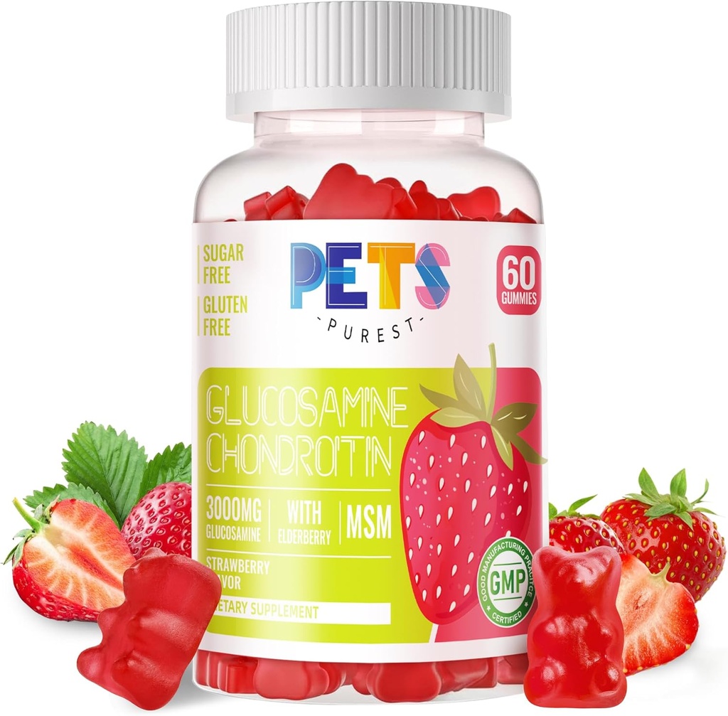 Kæledyr Purest Glucosamin Chondroitin Gummies med MSM & Elderberry Extra Strength - Fælles støtte, Antioxidant immunforsvar supplement til voksne, mænd og kvinder. Jordbær