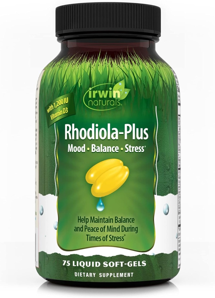 Irwin Naturals Rhodiola- Plus - 75 Flydende Soft- Gels - Hjælper opretholde balance & fred i sindet - med L- Theanine, D3- vitamin & Magnesium - 25 Serveringer