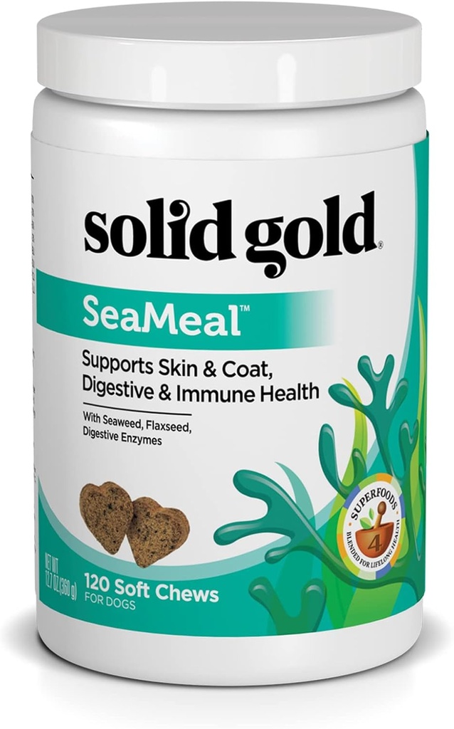 Solid guld kat & hund Multivitamin Chews - Kelp, Omega 3 & Vitaminer til dental, fordøjelsesbesvær, immunforsvar, hud & Coat Sundhed - Multi Vitamin til hunde & katte - Sea Kelp baseret blød tyg for alle aldre - 120ct