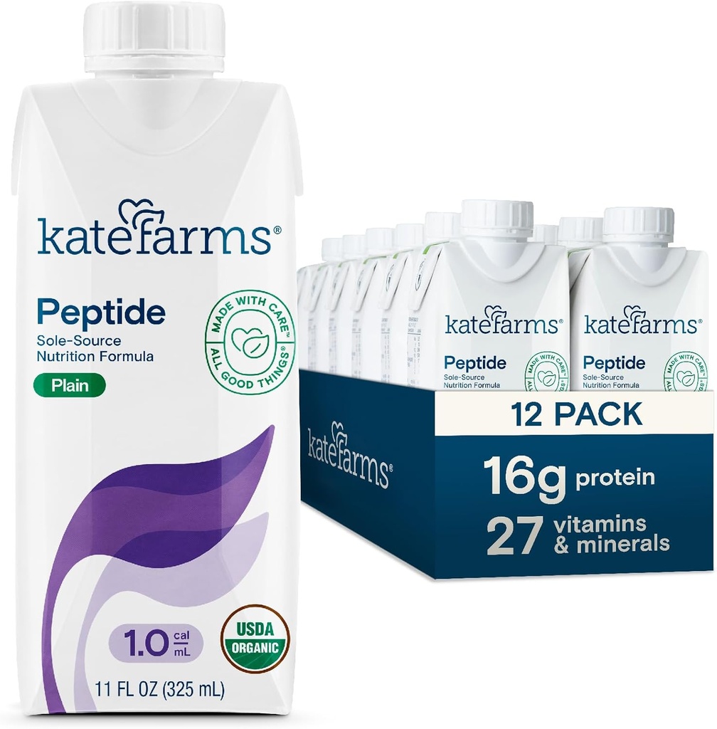 KATE FARMS Økologisk voksenpeptid 1.0 Formel, almindelig, Sole- Kilde, Hydrolyseret Plantbaseret Nutrition til Oral eller Tube Fodring, 11 Fl oz (12 Pack)