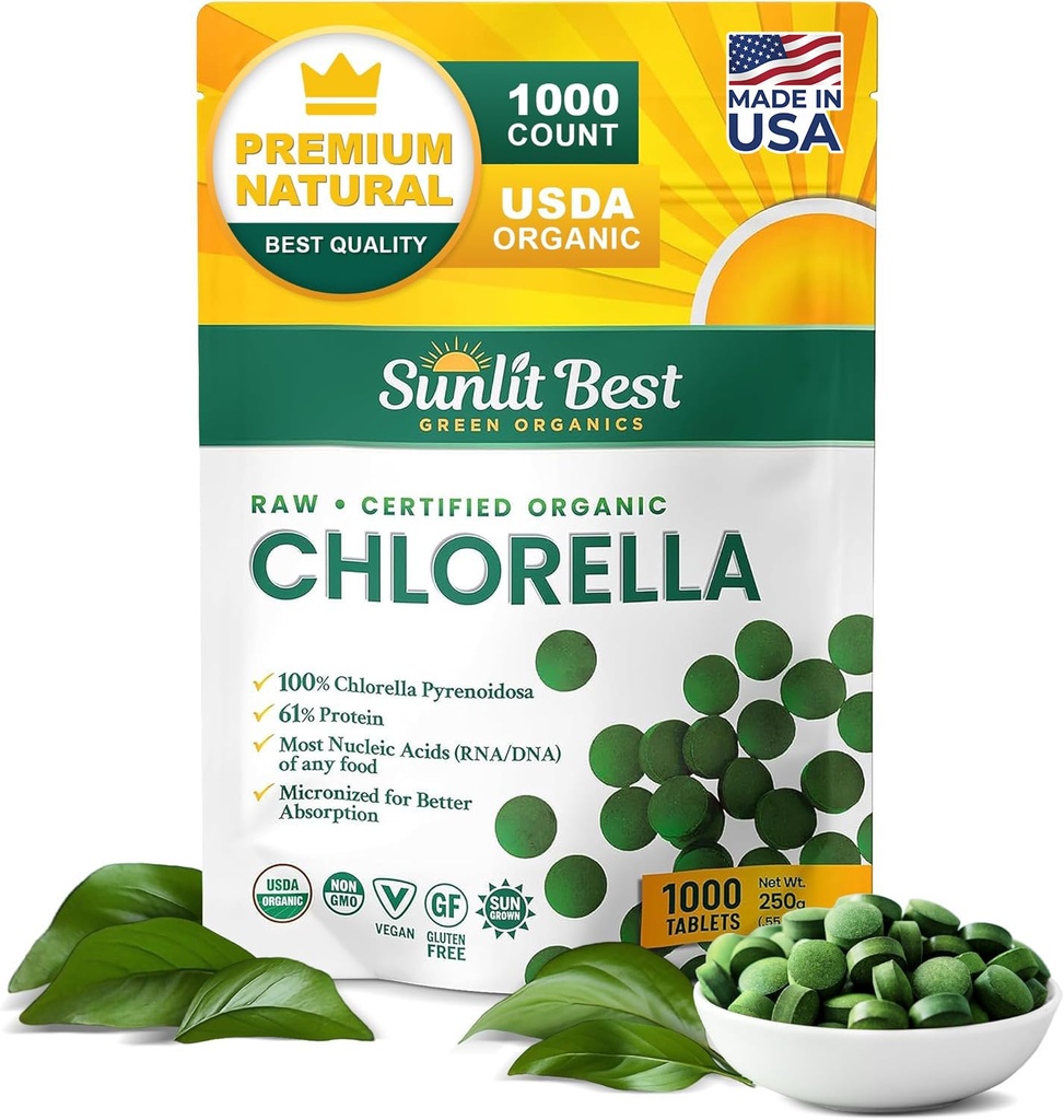 Sunlit Best USDA Organic Premium Chlorella Tablets 1000 Count 124; 100% Pure Chlorella Superfood supplement High in Protein, Chlorophyll, Vitaminer, & Minerals