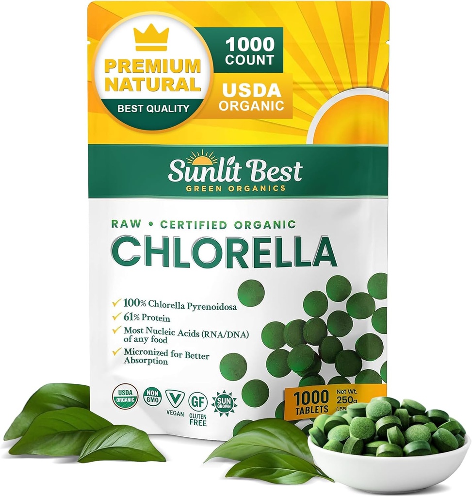 Sunlit Best USDA Organic Premium Chlorella Tablets 1000 Count 124; 100% Pure Chlorella Superfood supplement High in Protein, Chlorophyll, Vitaminer, & Minerals