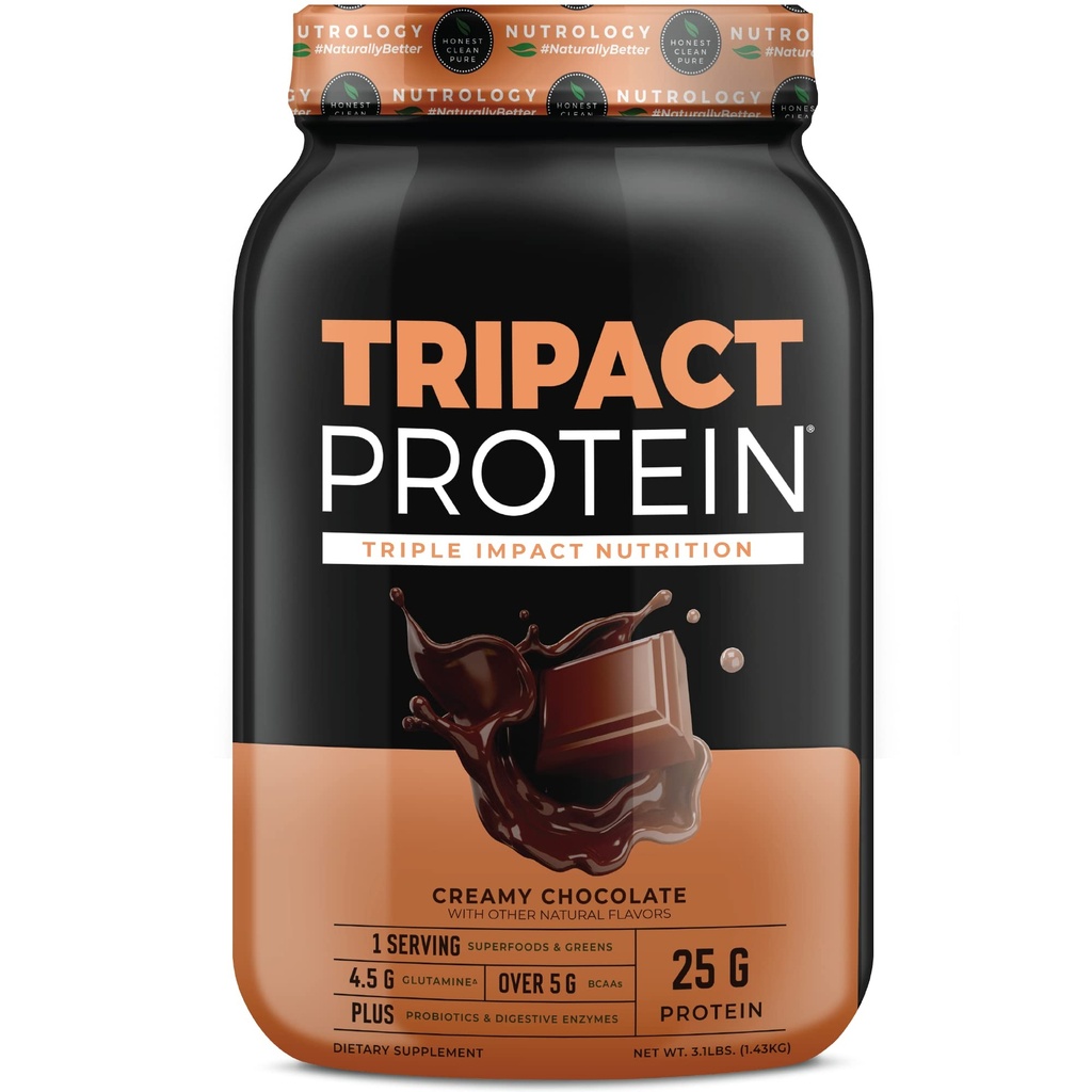 Nutrologi TRIPACT Protein Powder - 7-in-1 Meal udskiftning Rystes med grass Fed Whey Protein Powder, Pea, Rice, Grønne for Muscle Recovery & Immunity, cremet chokolade flavor, 40 Servere