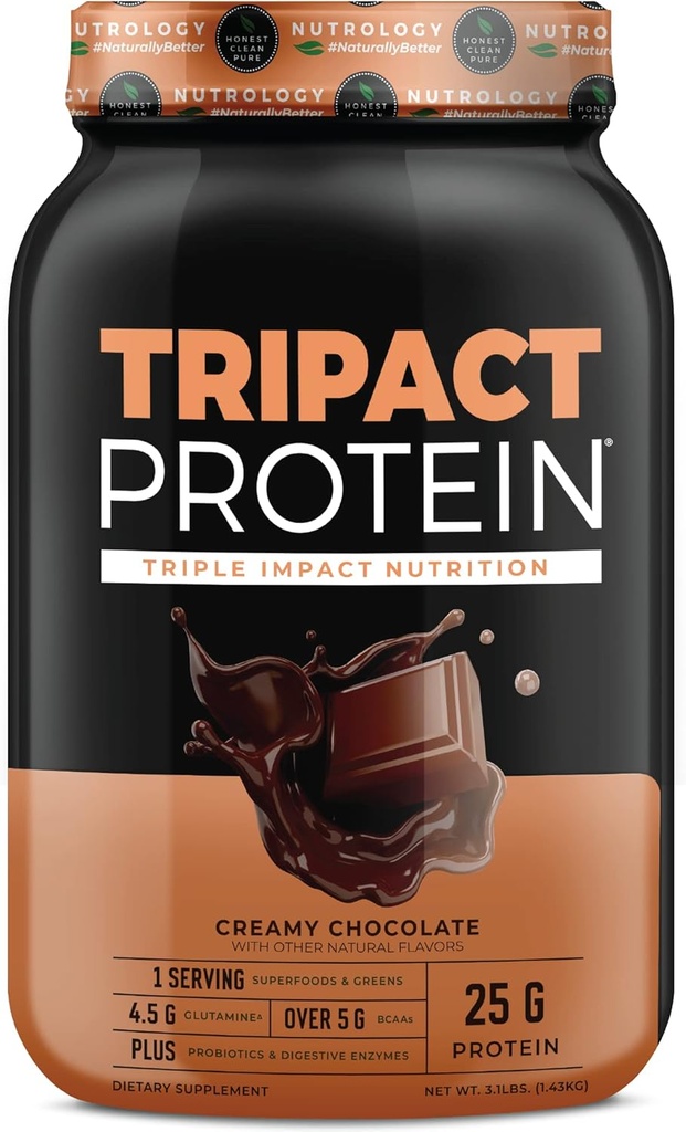 Nutrologi TRIPACT Protein Powder - 7-in-1 Meal udskiftning Rystes med grass Fed Whey Protein Powder, Pea, Rice, Grønne for Muscle Recovery & Immunity, cremet chokolade flavor, 40 Servere
