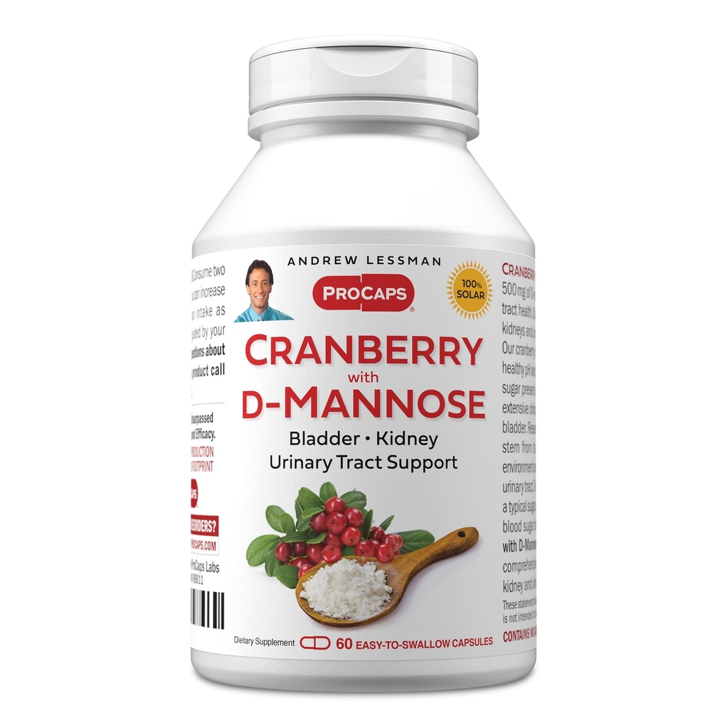 ANDREW LESSMAN Cranberry med D- Mannose - 60 kapsler - understøtter Bregen, Nyre og Urinary Tract sundhed. Høj potens Standardiseret Cranberry Koncentrat og D-Mannose. Let at synke kapsler
