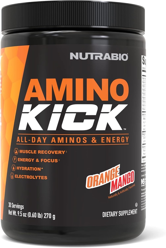 NutraBio Amino Kick - BCAA pulver med naturlig koffein - Aminosyrer Supplement for energi, Hydration & Inddrivelse - BCAA, Elektrolytter & Aminosyrer - Orange Mango, 30 Servere