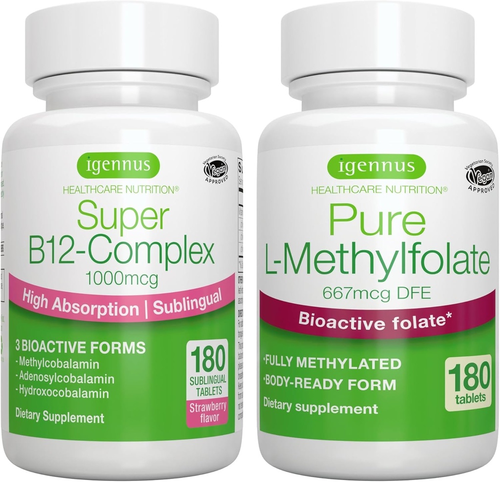 Super B12- Complex 1000mcg + Pure Folate 400mcg Vegan Bundle, High Absorption Sublingual Vitamin B12 med Methylcobalamin, Adenosylcobalamin & Hydroxocobalamin + Optimeret L- methylfolat, af Igennus