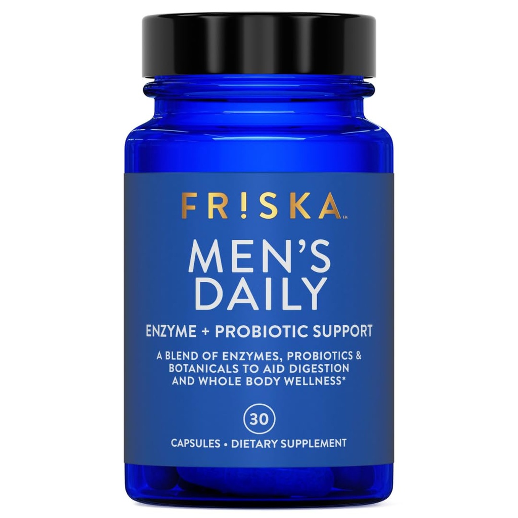 FRISKA Mænd Daglige fordøjelsesmiddel Enzyme og Probiotika tillæg, Naturlig støtte til mandlige fordøjelsessygdomme, Bloating, Gas, fordøjelsesbesvær Relief, Understøtter Gut sundhed, Lactase og B- Vitaminer, 30 kapsler