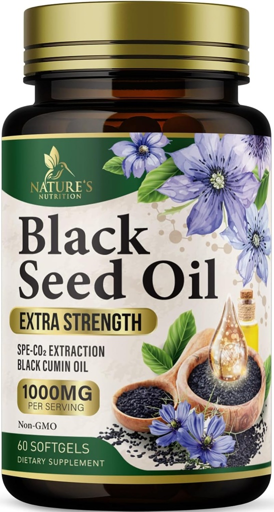 Black Seed Oil Softgels 1000mg - Premium Nigella Sativa Blackseed, Pure Natural Black Cumin Seed Oil & Antioxidant til hud & immunforsvar - Ikke GMO, Flasket i USA Supplement - 60 Softgels