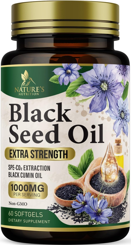 Black Seed Oil Softgels 1000mg - Premium Nigella Sativa Blackseed, Pure Natural Black Cumin Seed Oil & Antioxidant til hud & immunforsvar - Ikke GMO, Flasket i USA Supplement - 60 Softgels