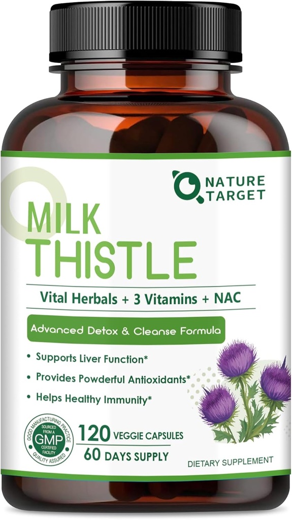 NATUR TARGET Milk Thistle Supplement for lever renser Detox & Reparation, Support Supplement med 350 mg af 30: 1 Milk Thistle Extract Ækvivalent med 10500mg, 120 Veggie Kapsler (60 dages forsyning)