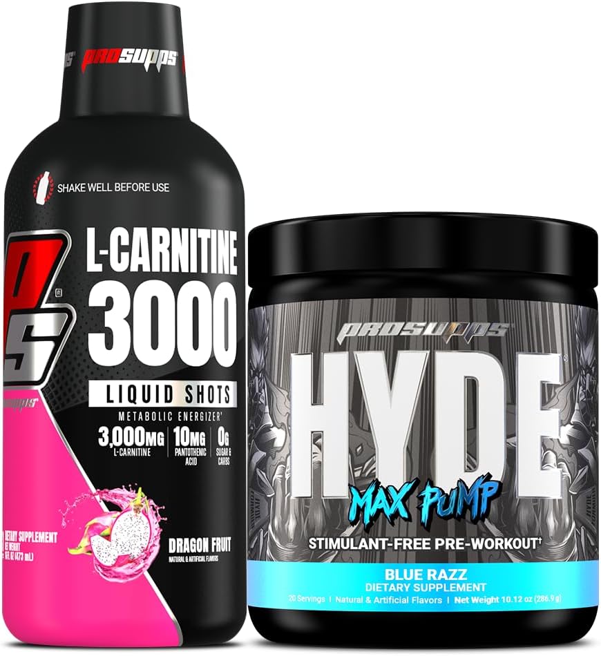 PROSUPPS L- Carnitin 3000 Stimulant Free Liquid Shots (31 Serveringer, Dragon Fruit) og Hyde Max Pump Pre Workout for mænd og kvinder (20 Serveringer, Blue Razz) Bundle