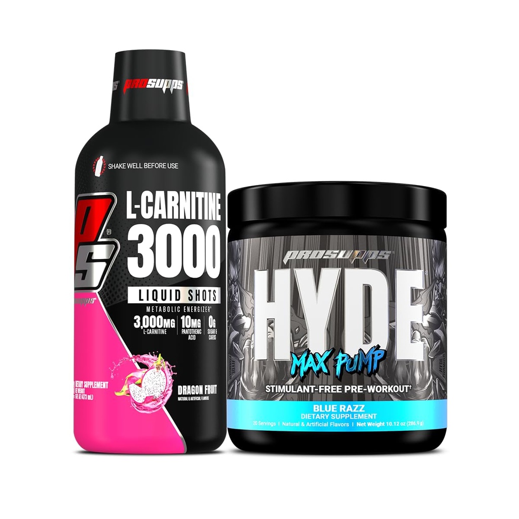 PROSUPPS L- Carnitin 3000 Stimulant Free Liquid Shots (31 Serveringer, Dragon Fruit) og Hyde Max Pump Pre Workout for mænd og kvinder (20 Serveringer, Blue Razz) Bundle
