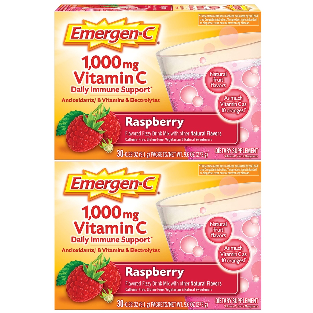 Emergen- C 1000mg C-vitamin pulver, med antioxidanter, B vitaminer og elektrolyter, C-vitamin Kosttilskud til immunforsvar, koffein fri drik mix, Raspberry Flavor - 60 Greve / 2 Måned Supply