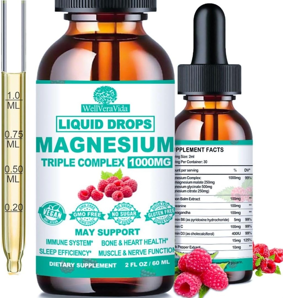 Triple Magnesium Complex, 500 mg Magnesium Glycinat, Citrate & Malate w. D3 K2 Vitamin, Chelated Forms High Absorption, Liquid Magnesium Complex w / B6 Zink til ben, søvn, hjerte, energinerve