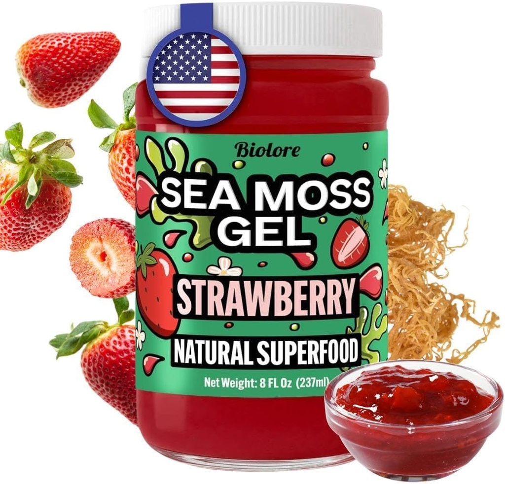 Biolore Strawberry Sea Moss Gel Made in USA Raw Wildcrafted Irish Seamoss, Essential Vitamin, Trace Minerals, Vegan Superfood, Trial Size 8 Fl Oz (pakke med 1)