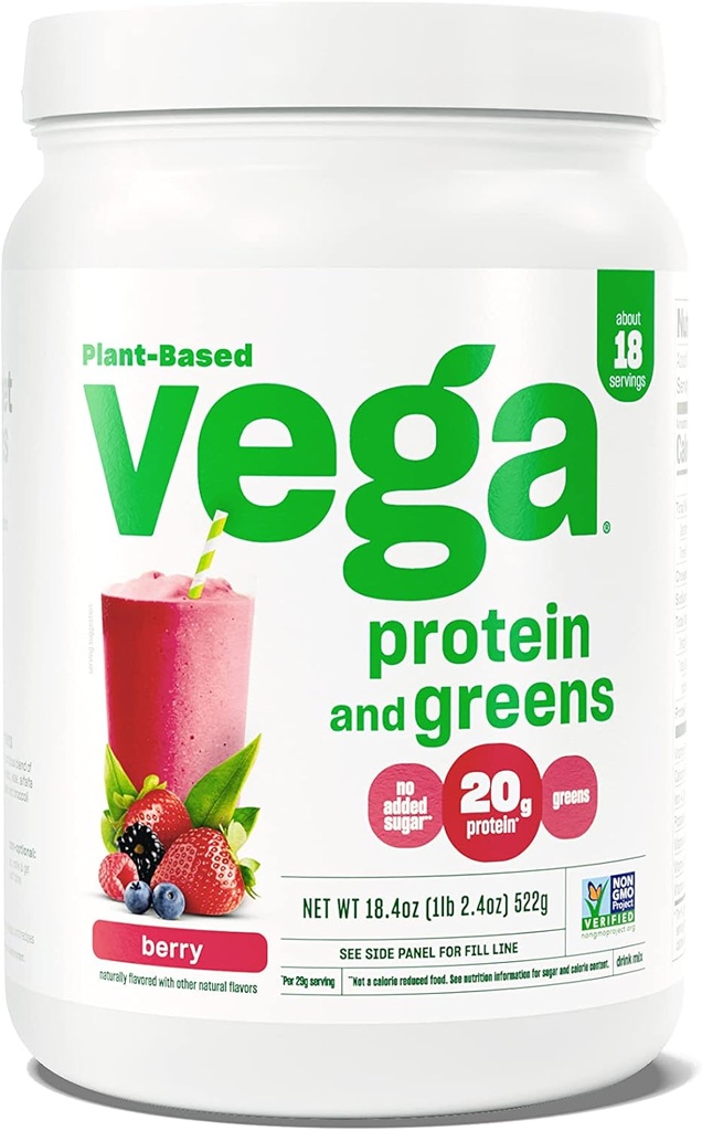 Vega Protein og Green Protein Powder, Berry - 20g Plant Protein Plus Veggies, Vegan, Ikke GMO, Pea Protein for kvinder og mænd, 1.2 lbs (Packaging May Vary)