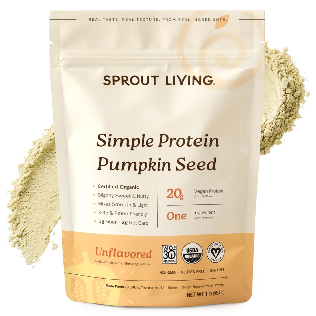 Spraut Living Organic Pumpkin Seed Protein Powder, Unflavored, 20 Grams of Plant Based Protein Powder without kunstige sødestoffer, Non Dairy, Non- GMO, Vegan, Gluten Free (1 Pound, 15 Servere)