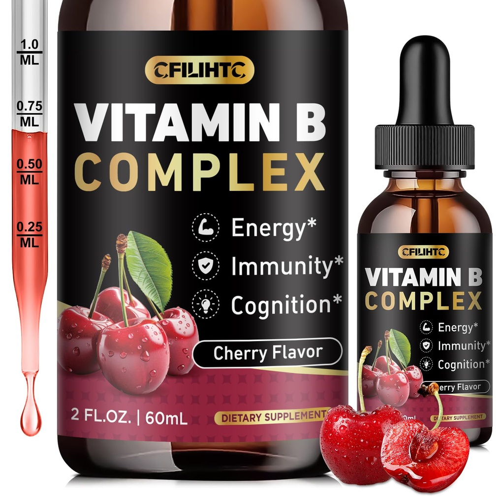 Vitamin B Complex flydende dråber, B Vitamin Complex tillæg med B1, B2, B3, B5 B6, B7, B9 & Methyl B12 dråber til voksne & børn, Vegan, Cherry Flavor