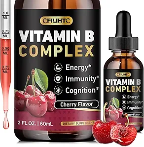 Vitamin B Complex flydende dråber, B Vitamin Complex tillæg med B1, B2, B3, B5 B6, B7, B9 & Methyl B12 dråber til voksne & børn, Vegan, Cherry Flavor
