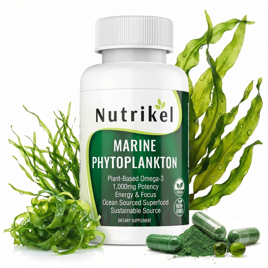 Marine Phytoplankton Omega 3 Supplement - Plantbaserede Algae Capsules for Energy, Focus & Cellular Support - Vegan Superfood for Brain, Heart & Skin Health - 1000 mg - 60 Vegan Capsules
