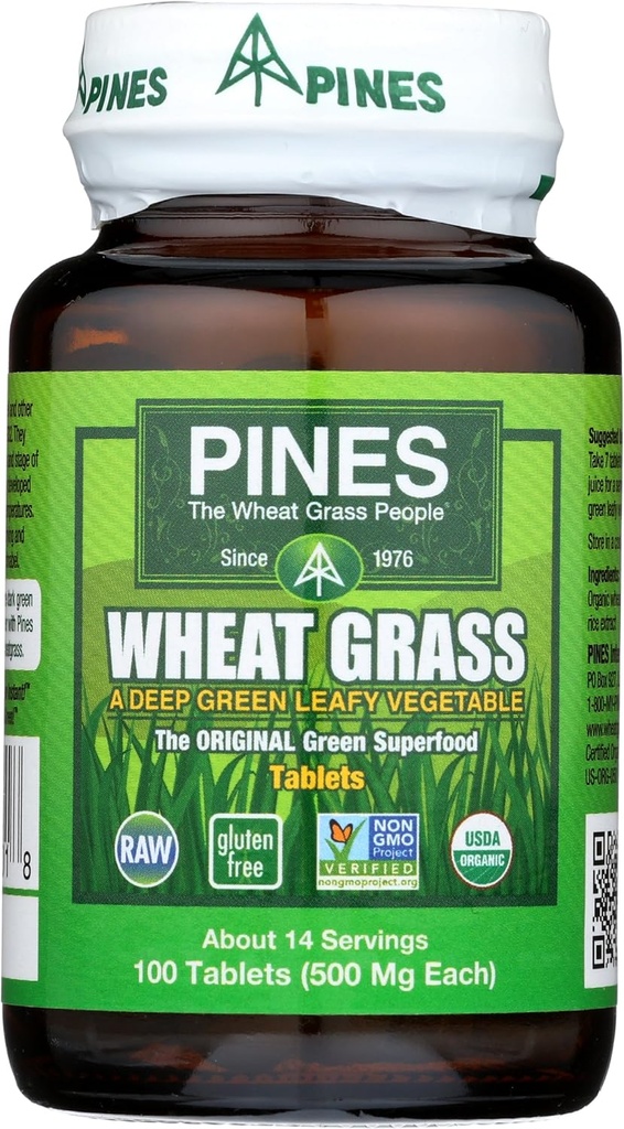 Pines Organic Wheat Grass 500 Mg Tablets, 100 Count