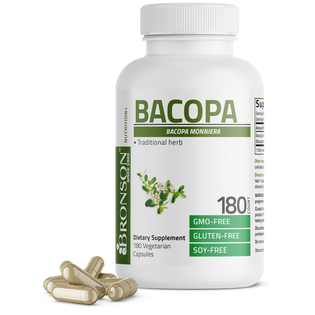 Bronson Bacopa understøtter sund hjernefunktion og mental ydeevne, traditionel urt, ikke-GMO, 180 vegetariske kapsler