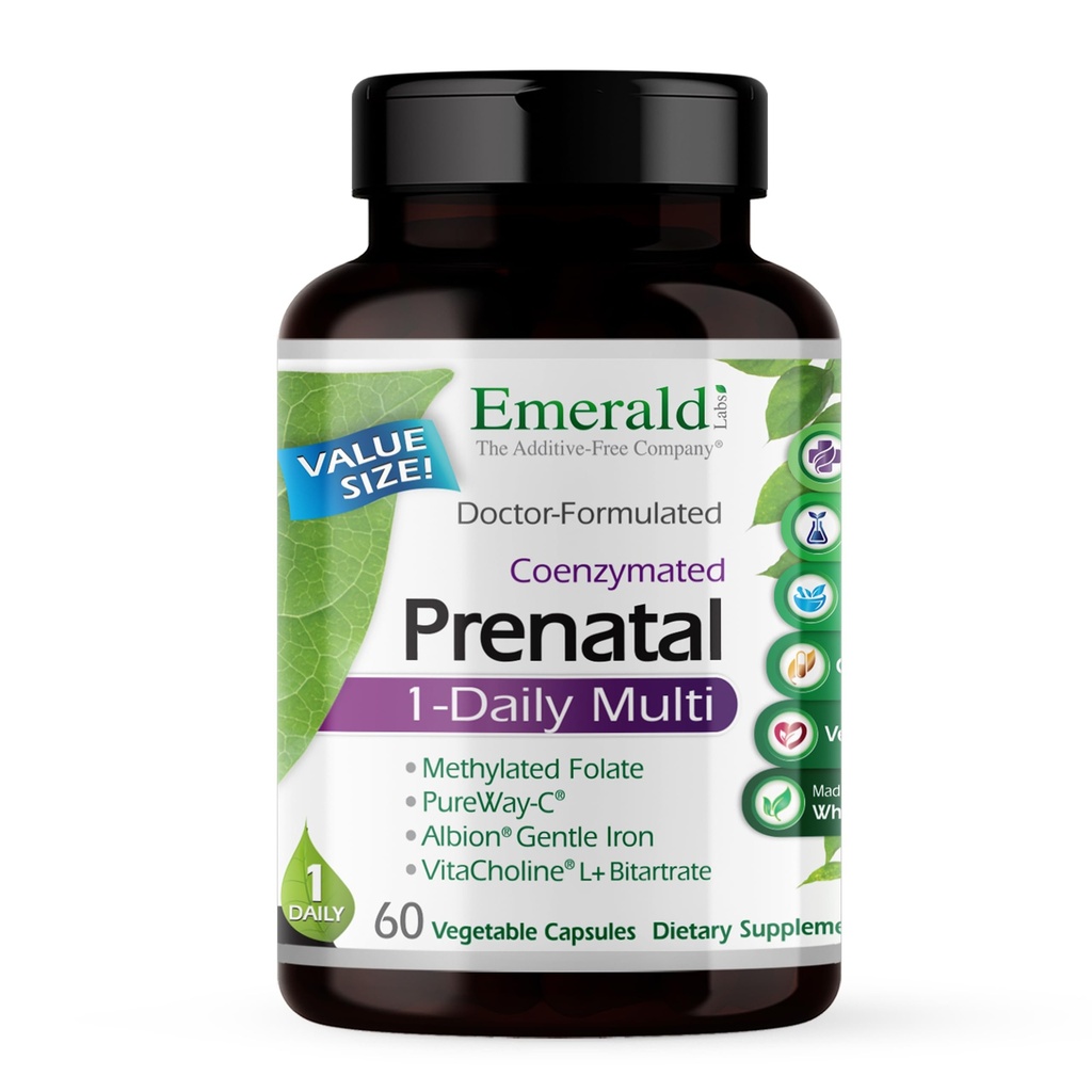 NØDSITUATIONER Prenatal 1- Daily Multi - Prenatal Multivitamin med Metyleret Folat, Jern, Whole- Food Blend & Mere - Soy- Free, Gluten- Free - 60 Vegetabilske kapsler