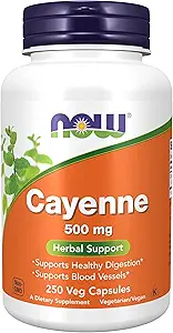 Now Foods Supplements, Cayenne (Capsicum annuum) 500 mg, Herbal Support, for fordøjelsessygdomme, 250 Veg kapsler