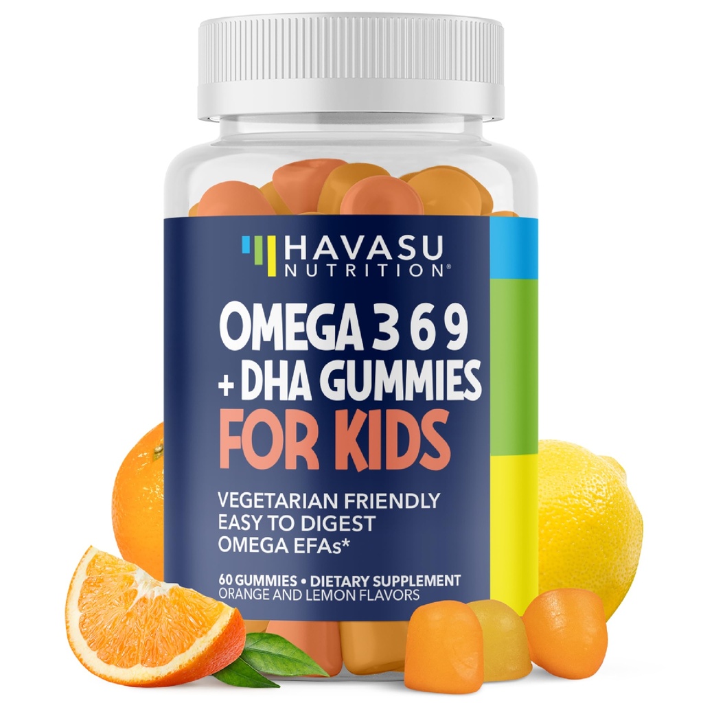 Omega 3 6 9 + DHA gummier til børn - Vegetarisk, Plantbaseret fiskeolie med DHA og EPA til børn 2 + til støttekrop og hjerne udvikling - ingen Fishy Taste - Lemon og Orange Flavors - 60 Greve