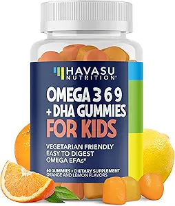 Omega 3 6 9 + DHA gummier til børn - Vegetarisk, Plantbaseret fiskeolie med DHA og EPA til børn 2 + til støttekrop og hjerne udvikling - ingen Fishy Taste - Lemon og Orange Flavors - 60 Greve
