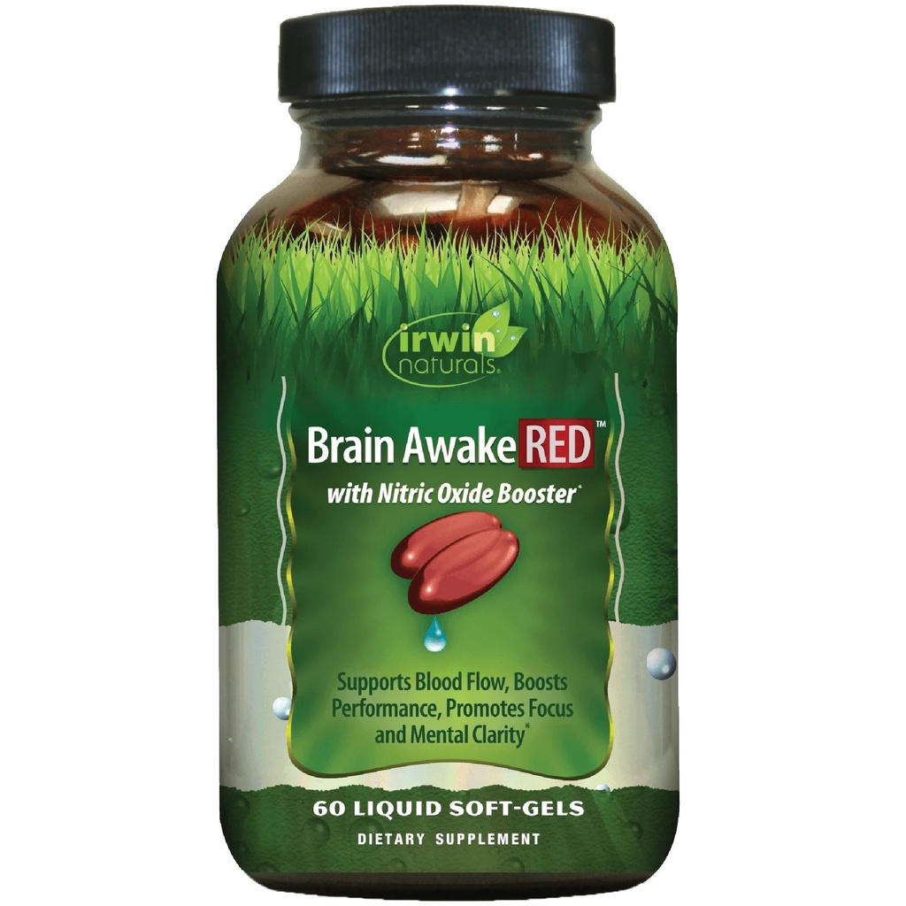 Irwin Naturals Brain Awake RED med nitrogenoxid booster - 60 Flydende Soft- Gel - Support Brain Health & Optimere ydeevne - 20 Total Servering