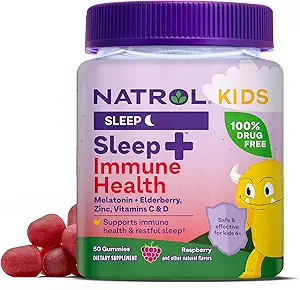Natrol Kids Søvn + immunforsvar Gummier med Melatonin, Zink, C-vitamin og D-vitamin, Elderberry, 50 Raspberry Smelatonin og immunforsvar Gummies, 50 dages forsyning