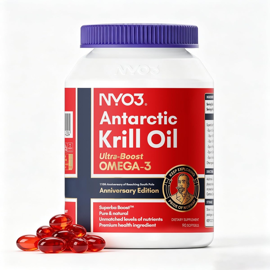 NYO3 Krill Oil Omega 3 Supplement 1000mg 90 Softgels EPA & DHA, Pure antarktisk krill olie med Astaxanthin og 56% fosfolipids Laboratory Testet