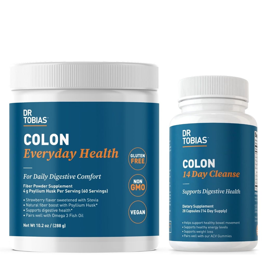 Dr. Tobias Colon 14 Day Cleanse og Colon Everyday Health, Advanced Gut Cleanse Detox & Daglig fordøjelsesstøtte med Psyllium Husk Fiber Powder, fordøjelsesbesvær Bundle, Non- GMO