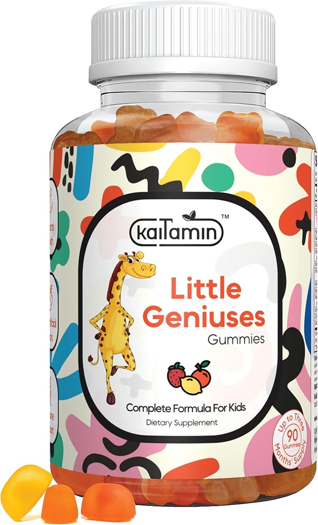 Kids Multivitamin Gummies Little Geniuses : Vitamins C, D3, Zinc, Folate, for Immunity, Intelligence, Focus, and Growth. Vegan, Non-GMO, Organic, Gluten-Free| 90 Gummies 3 Months Supply