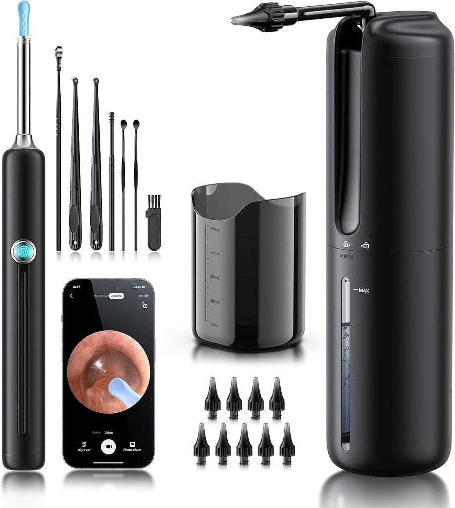 Ear Wax Removal - Electric Ear Vanding Flushing System med 4 trykmåder, Ear Cleaner med kamera, 1080P Otoscope, Ear Rengøring værktøj med 7 Pcs Ear Set, Sikker og effektiv Earwax Removal Kit