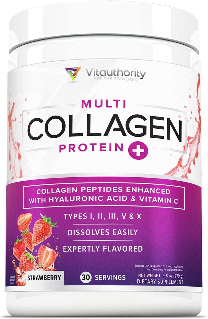 Multi collagen peptider pulver til kvinder - hydrolyseret farvet collagen pulver til kvinder med type I II III V & X C-vitamin & hyaluronsyre til hår hud og negle (jordbær) - 30 Servere