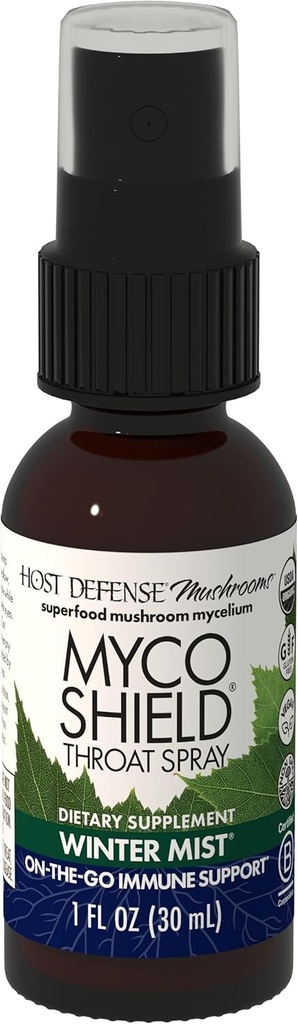 Værtsforsvar MycoShield Throat Spray - immunforsvar - diætetisk Mushroom supplement med Chaga, Reishi, Tyrkiet Tail & Mere - On- The- Go immunstøtte - Winter Mist, 1 fl oz (71 Servere) *
