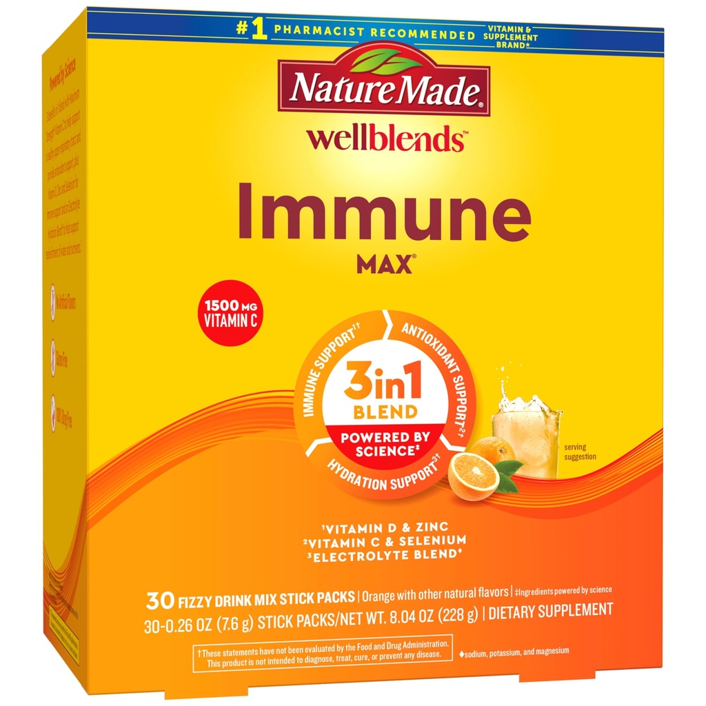 Nature Made Wellblends ImmuneMAX Fizzy Drink Mix, C-vitamin 1500mg, Zink 15 mg, D-vitamin 3 1000 IE (25 mcg), plus B Vitaminer og elektrolyter Hydrering Blend, 30 Stick Packs