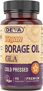 DEVA Vegan Vitamin, Borage Oil 500mg, Kilde til Omega- 6 Fedtsyrer GLA (Gamma linolensyre), Cold- Presset & Uraffineret, 90 tabletter 1- Pack