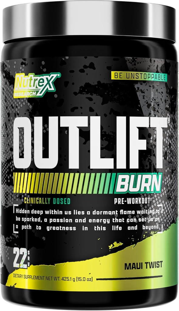 Nutrex Outlift Burn Pre- workout supplement for energi, Focus & Endurance Note 124; Metabolyte, L- Citrullin, Beta- Alanine & Koffein Note 124; Termogene formel for ydeevne (22 Serveringer, Maui Twist)